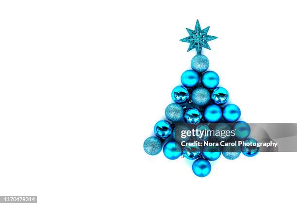 christmas tree baubles on white background - carol blue stock pictures, royalty-free photos & images