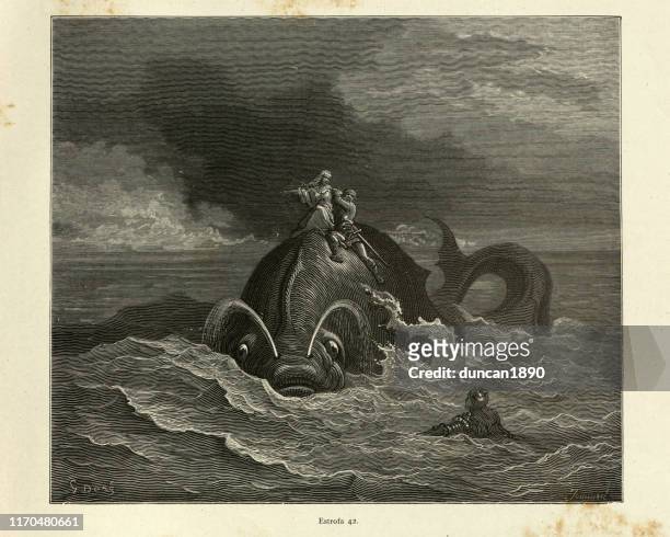 ilustraciones, imágenes clip art, dibujos animados e iconos de stock de héroes cabalgando de la parte posterior del monstruo del mar, o ballena - monster