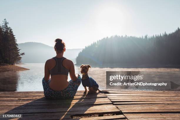 frau, die yoga am wilden see praktiziert. - dog training stock-fotos und bilder