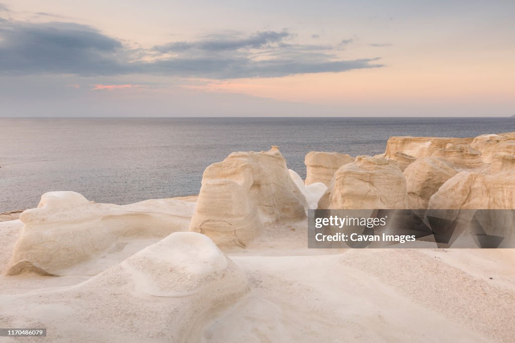 Volcanic rock formations on Sarakiniko beach on Milos island, Greece.