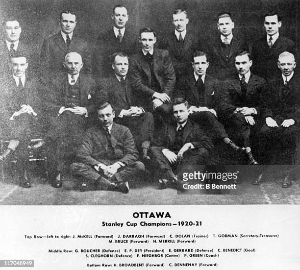 The Stanley Cup Champions of 1920-21 Ottawa Senators pose for a team portrait circa 1920 in Ottawa, Ontario, Canada. Jack MacKell, Jack Darragh,...