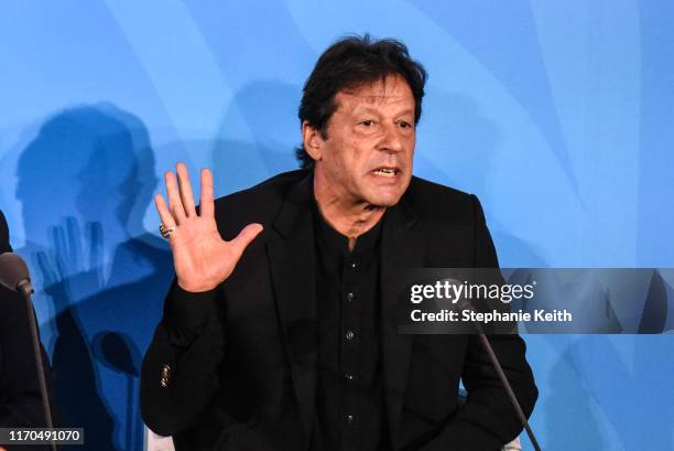 Prime Minister of Pakistan Imran Khan speaks at the Climate Action Summit at the United Nations on September 23, 2019 in New York City. While the...