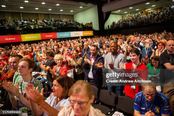 Delegates give John McDonnell MP a standing ovation after speaking on the third day of the Labour Party conference on Monday, September 23rd, 2019 in...