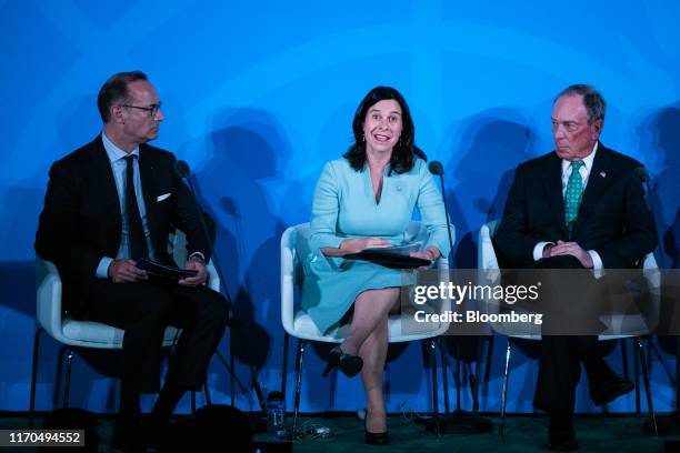 Valerie Plante, mayor of Montreal, center, speaks during the United Nations Climate Action Summit in New York, U.S., on Monday, Sept. 23, 2019. Heads...