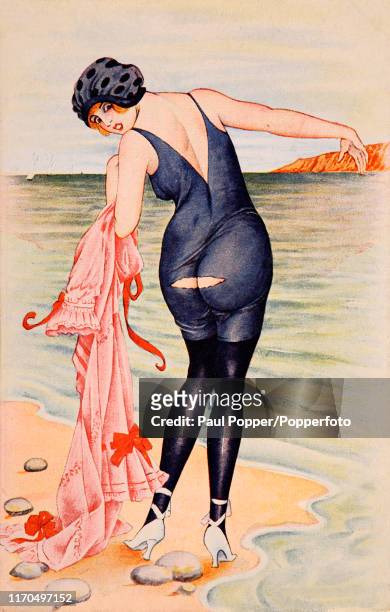 Vintage French postcard illustration featuring a bathing beauty with black stockings and a pink wrap who has just noticed a rip in the back of her...