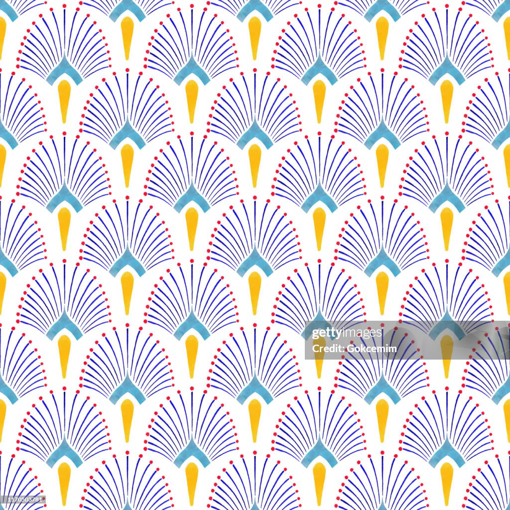 Watercolor Hand Painted Navy Blue and Yellow Tile. Art Deco Vector Seamless Pattern, Lisbon Arabic Floral Mosaic, Mediterranean Seamless Navy Blue and Yellow Ornament.