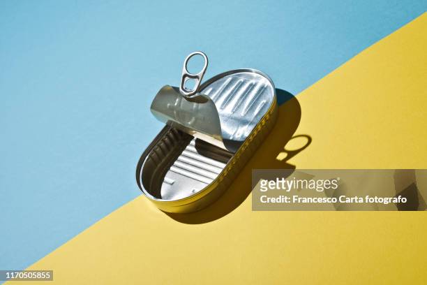 ready to be recycled - sardine tin stock pictures, royalty-free photos & images