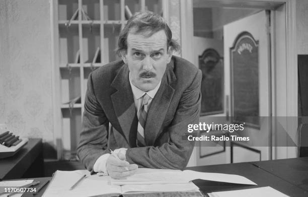 Actor John Cleese in a scene from episode 'A Touch of Class' of the BBC television sitcom 'Fawlty Towers', December 23rd 1974.