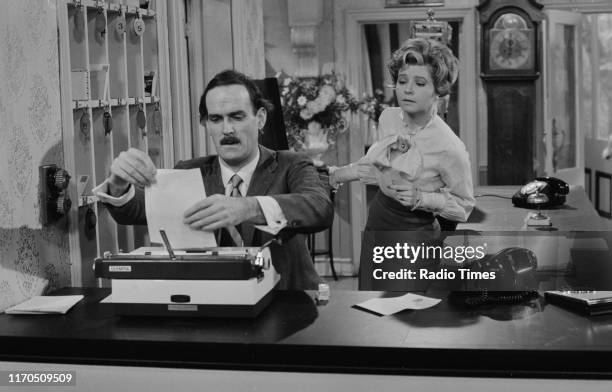 Actors John Cleese and Prunella Scales in a scene from episode 'A Touch of Class' of the BBC television sitcom 'Fawlty Towers', December 23rd 1974.