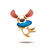 Vector illustration of funny cute puppy is catching plaything as a blue plastic disc.
