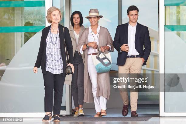 Queen Sofia of Spain, Princess Elena of Spain, Juan Froilan de Marichalar and Victoria Federica de Marichalar is seen leaving Quiron Hospital after...