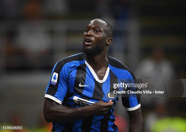 Romelu Menama Lukaku Bolingoli of FC Internazionale celebrates after scoring the third goal during the Serie A match between FC Internazionale and US...