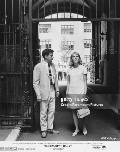 American actor, director and screenwriter John Cassavetes stars with Mia Farrow in the film 'Rosemary's Baby', 1967. This scene was filmed on...