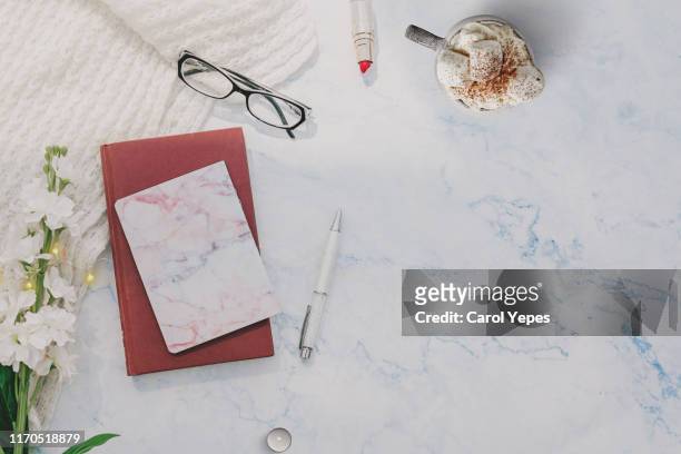 modern office desk, table with smartphone, laptop and supplies - candle overhead stock pictures, royalty-free photos & images