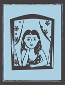 Woman at window vector. Brazilian woodcut style illustration.