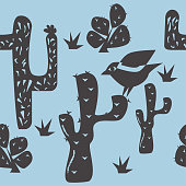 Bird and cactus seamless pattern vector. Traditional Brazilian linocut style illustration.