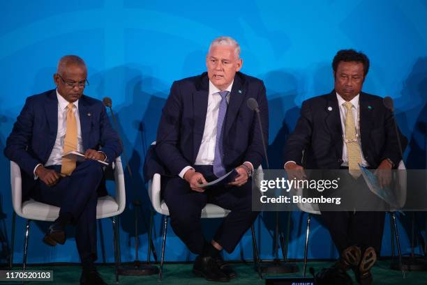 Allen Chastanet, Saint Lucia's prime minister, center, speaks during the United Nations Climate Action Summit in New York, U.S., on Monday, Sept. 23,...