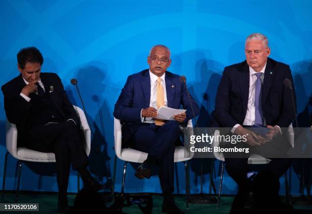 Ibrahim Solih, Maldives' president, center, speaks during the United Nations Climate Action Summit in New York, U.S., on Monday, Sept. 23, 2019....