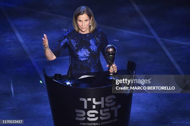 Head coach Jill Ellis speaks after winning the trophy for the Best FIFA Women's Coach of 2019 Award during The Best FIFA Football Awards ceremony, on...