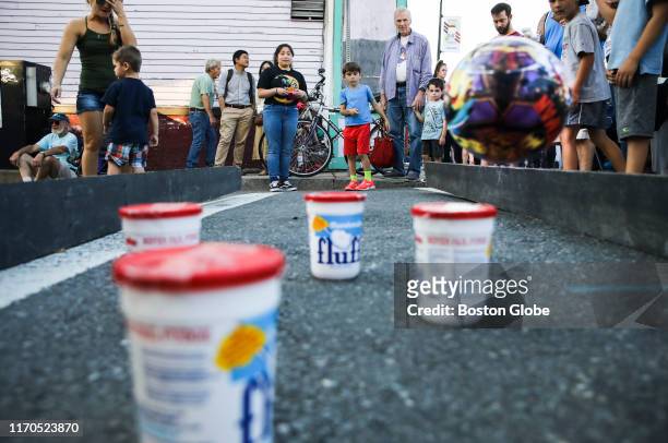Children line up for Fluff Bowling during the What the Fluff Festival in Somerville, MA on Sep. 21, 2019. Hundreds of Fluff fans came out to the...