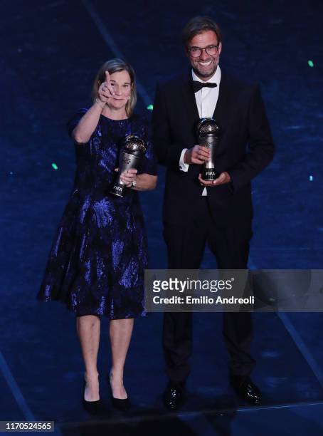 The Best FIFA Women's Coach of the Year Jill Ellis and The Best FIFA Men's Coach of the Year Juergen Klopp during The Best FIFA Football Awards 2019...