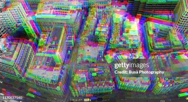 image manipulation of aerial view of rooftops of buildings in the city of london, england - vertige photos et images de collection