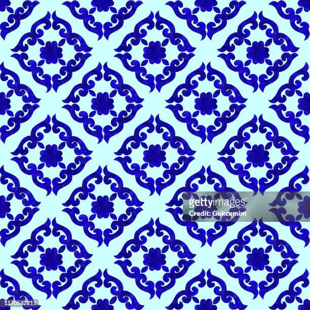 ilustraciones, imágenes clip art, dibujos animados e iconos de stock de acuarela pintado a mano azul marino azulejo. patrón de azulejovectoriales, mosaico floral árabe de lisboa, ornamento azul marino sin costuras del mediterráneo. - tejido adamascado