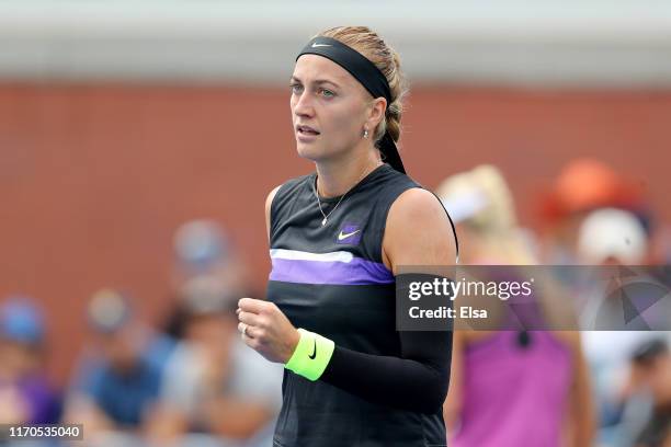 Petra Kvitova of the Czech Republic reacts during her Women's Singles first round match against Denisa Allertova of the Czech Republic on day two of...