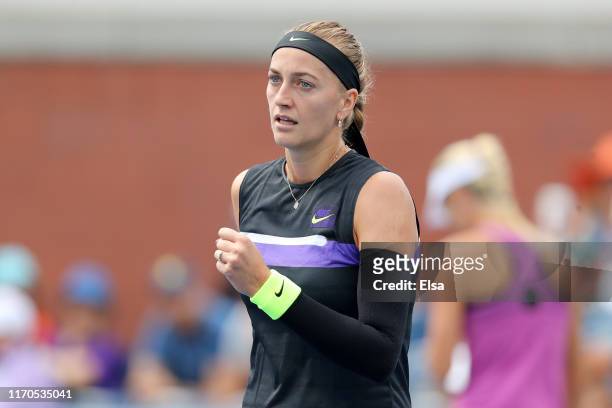 Petra Kvitova of the Czech Republic reacts during her Women's Singles first round match against Denisa Allertova of the Czech Republic on day two of...