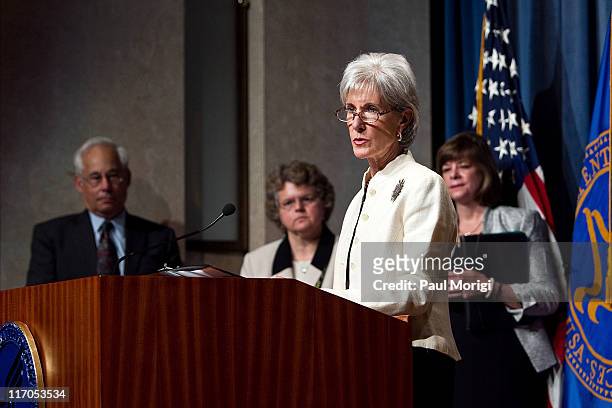 Secretary Kathleen Sebelius and CMS Administrator Dr. Don Berwick, Kathy Greenlee, HHS Assistant Secretary for Aging, and Sarndy Markwood, CEO,...