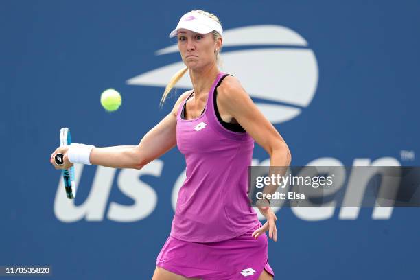 Denisa Allertova of the Czech Republic returns a shot during her Women's Singles first round match against Petra Kvitova of the Czech Republic on day...