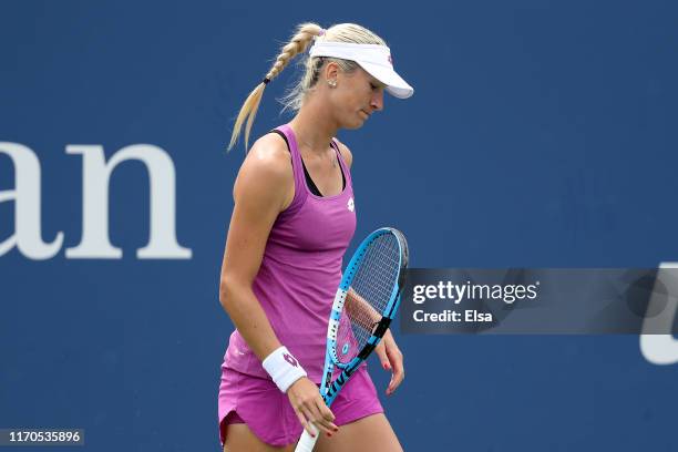 Denisa Allertova of the Czech Republic reacts during her Women's Singles first round match against Petra Kvitova of the Czech Republic on day two of...