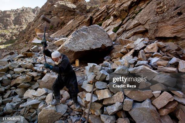 Commander Mir Nassir, a former mudjahid of Commander Massoud's who is working today as a stonecutter at a quarry, May 14, 2009 in the Parandeh...