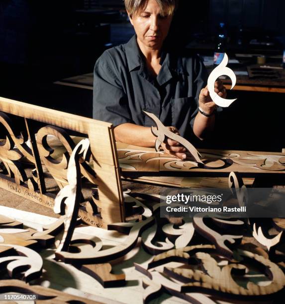 Padua, Italy, July 2014, Processing of flooring inlay in the Berti workshop of Villa del Conte.