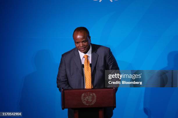 King Mswati of Eswatini speaks during the United Nations Climate Action Summit in New York, U.S., on Monday, Sept. 23, 2019. Heads of state from...