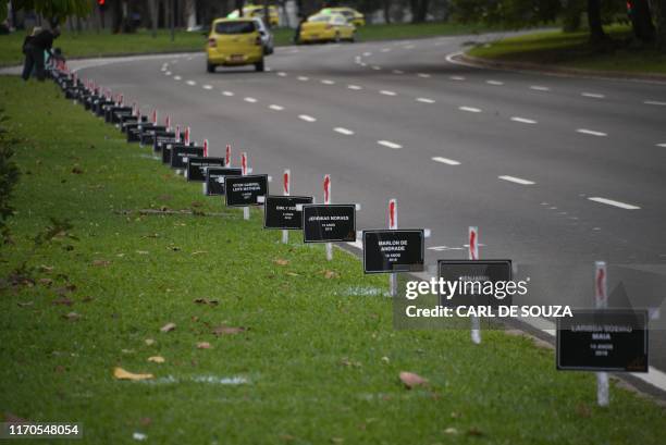 Crosses in memory of eight-year-old Agatha Sales Felix and other children who died during police operations are seen after being planted by the NGO...