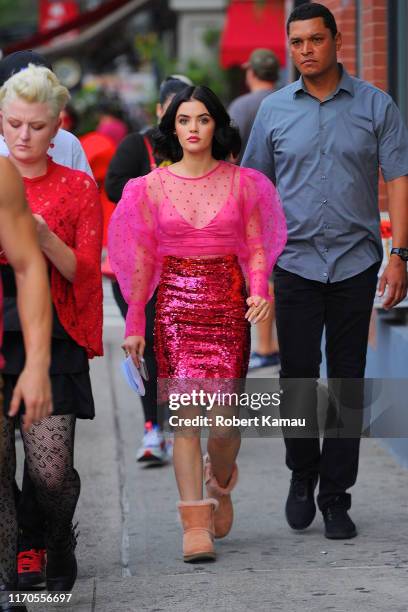 Lucy Hale seen on the set of 'Katy Keene' in Manhattan on September 23, 2019 in New York City.