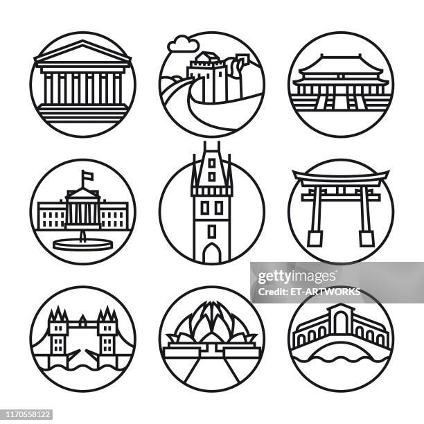 vector famous monuments icon set - athens stock illustrations