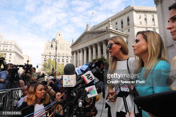 Jennifer Araoz claims that Jeffrey Epstein raped her in his New York townhouse in 2002 when she was only 14, speaks to the media with her lawyer...