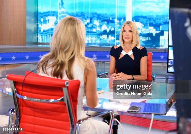 Candace Bushnell visits 'The Daily Briefing' with anchor Dana Perino at FOX Studios on August 27, 2019 in New York City.