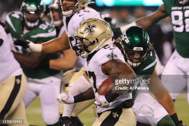 Defensive Lineman Bronson Kaufusi of the New York Jets in action against the New Orleans Saints at MetLife Stadium on August 24, 2019 in East...