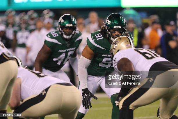 Defensive Lineman Bronson Kaufusi of the New York Jets in action against the New Orleans Saints at MetLife Stadium on August 24, 2019 in East...