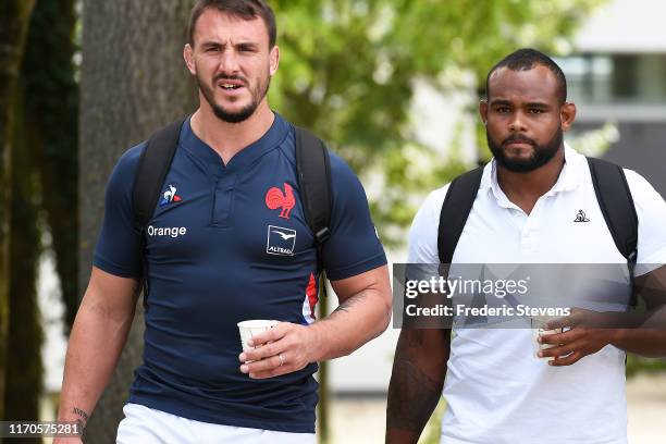 France's players Louis Picamoles and Jefferson Poirot arrive at a training session at National center of French Rugby on August 27, 2019 in...