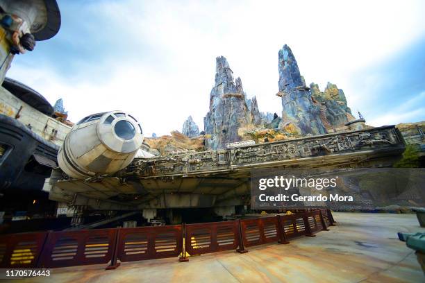 General view of the Millennium Falcon at the Black Spire Outpost at the Star Wars: Galaxy's Edge Walt Disney World Resort Opening at Disney’s...