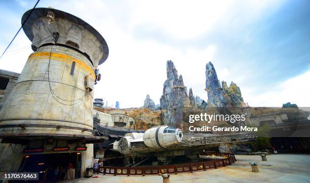 General view of the Millennium Falcon at the Black Spire Outpost at the Star Wars: Galaxy's Edge Walt Disney World Resort Opening at Disney’s...