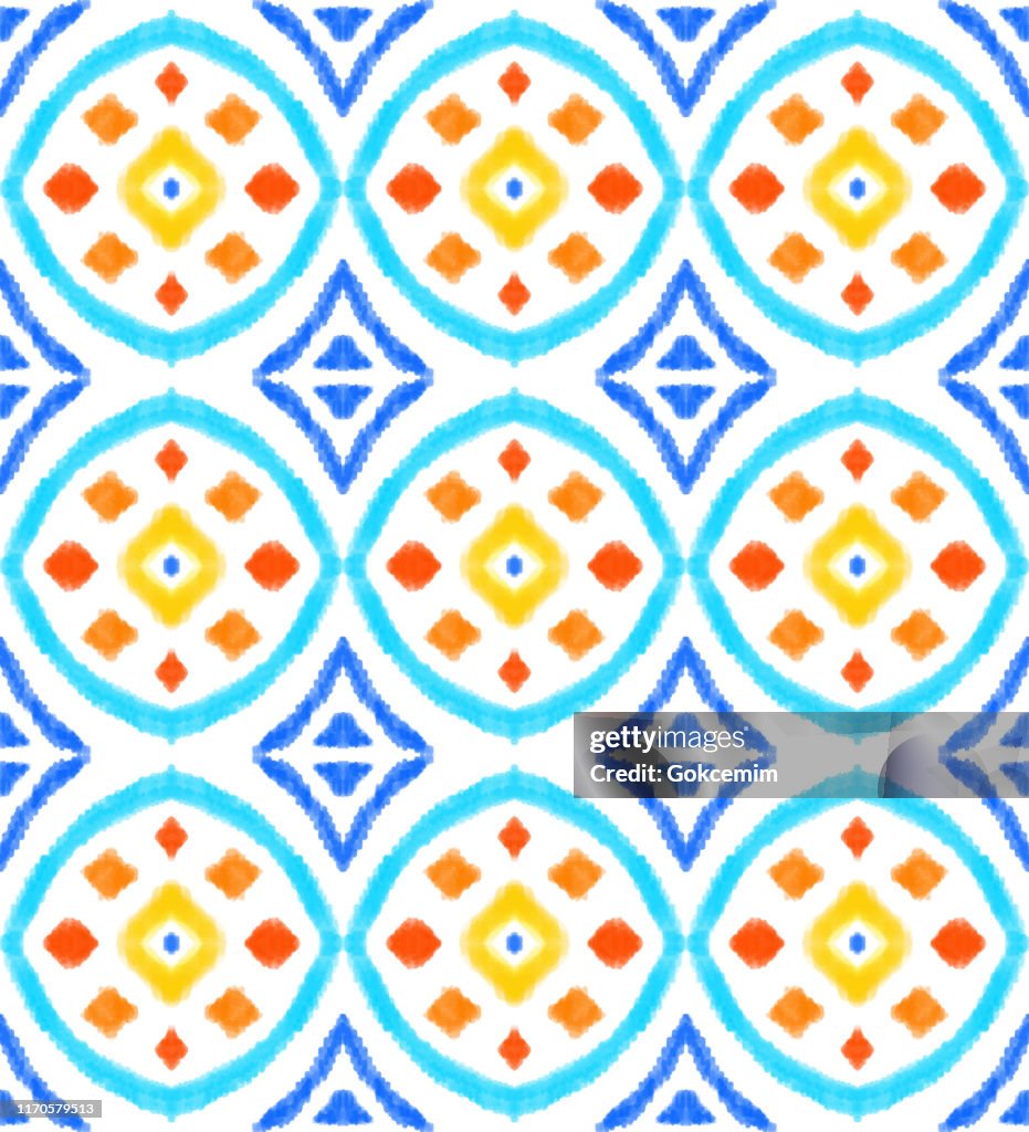 Hand Drawn Modern Ikat Pattern with Vibrant Colors. Modern Ikat Pattern with Vibrant Colors. Bohemian Style Pencil Drawing Design Element. Pastel Drawing Vector Tile Pattern. Gypsy, Indian Traditional Design.