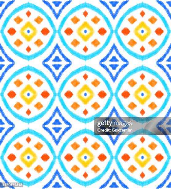 hand drawn modern ikat pattern with vibrant colors. modern ikat pattern with vibrant colors. bohemian style pencil drawing design element. pastel drawing vector tile pattern. gypsy, indian traditional design. - damask stock illustrations
