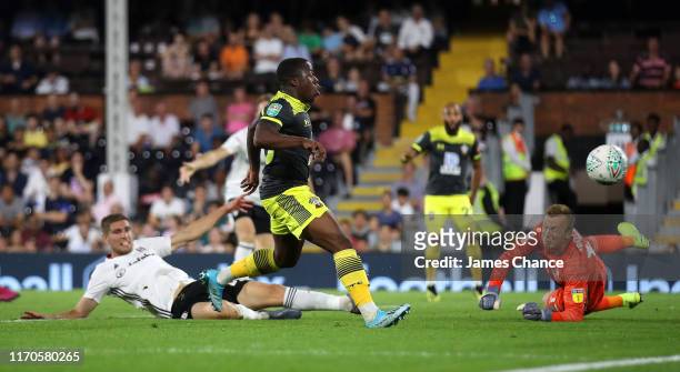 Michael Obafemi of Southampton shoots and scores his team's first goal during the Carabao Cup Second Round match between Fulham and Southampton at...