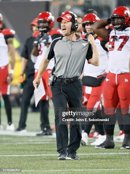 Head coach Dave Dickenson of the Calgary Stampeders reacts to play against the Hamilton Tiger-Cats at Tim Hortons Field on July 13, 2019 in Hamilton,...