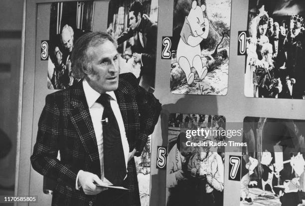 Entertainer Bruce Forsyth presenting the BBC television game show 'The Generation Game', circa 1975.